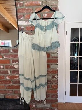 Free People Pale Sage Bloomer Set with Dusty Teal Lace